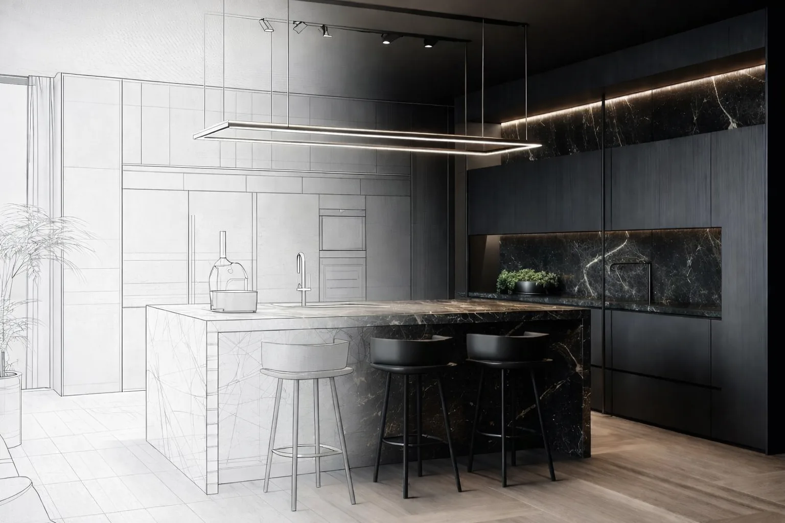 Vizualizácia kuchyne ADAMIA — prechod od skice k fotorealistickému renderu
